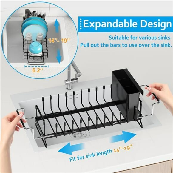 Expandable Over Sink Dish Drying Rack with Mat and Utensil Holder for Small Spac - Picture 4 of 7